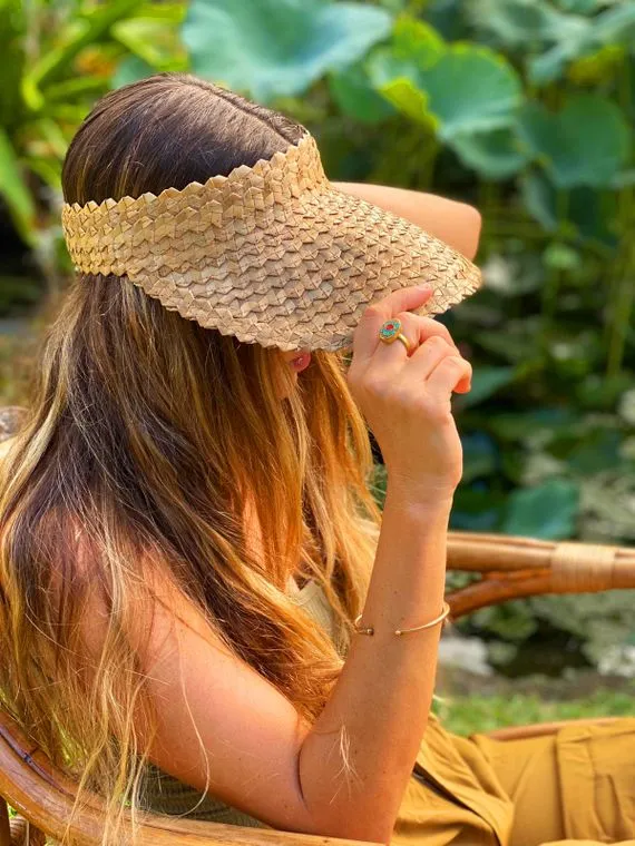 Straw rattan palm leaf sun visor with UV protection - dark tan color