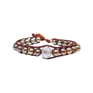 Taupe Freshwater Pearl Leather 6" Bracelet