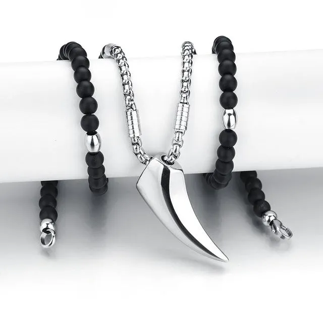 Vikings Wolf Teeth Pendant Necklaces Silver Stainless Steel Chain Black Stone Strand Beads