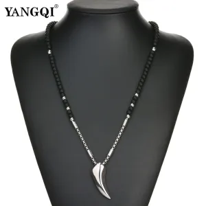 Vikings Wolf Teeth Pendant Necklaces Silver Stainless Steel Chain Black Stone Strand Beads