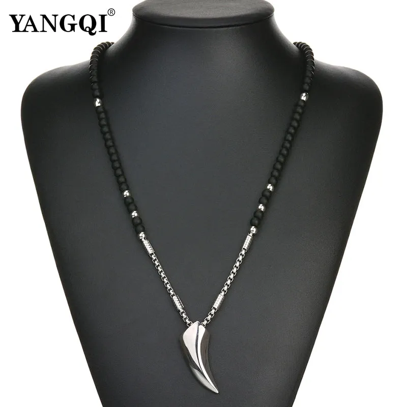 Vikings Wolf Teeth Pendant Necklaces Silver Stainless Steel Chain Black Stone Strand Beads