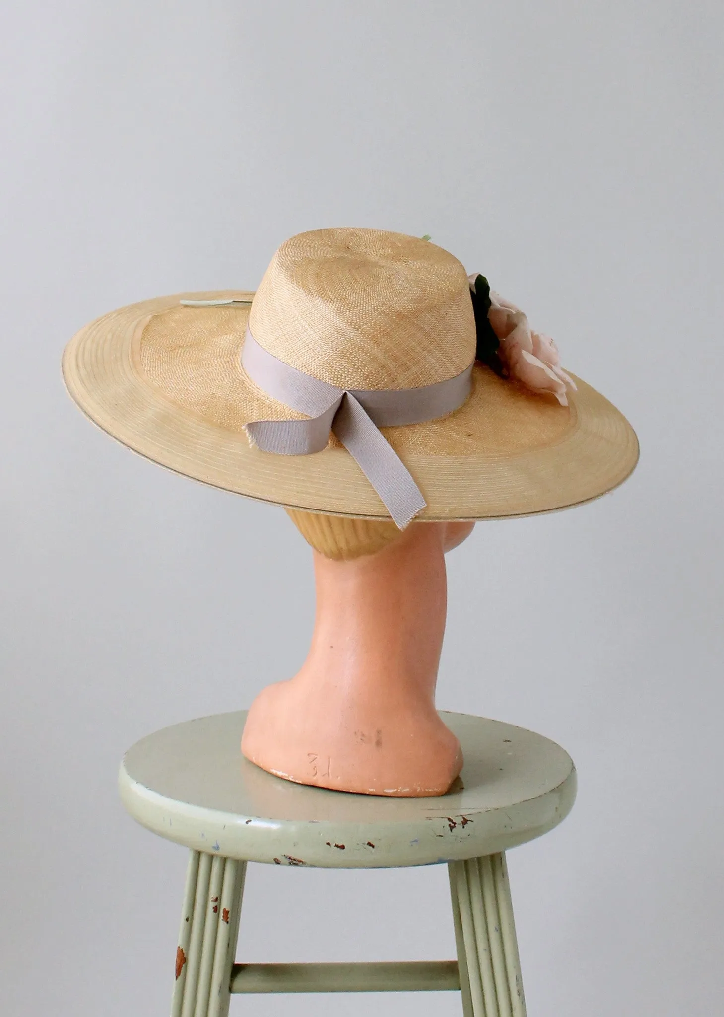 Vintage Early 1940s Pink Roses Wide Brim Hat