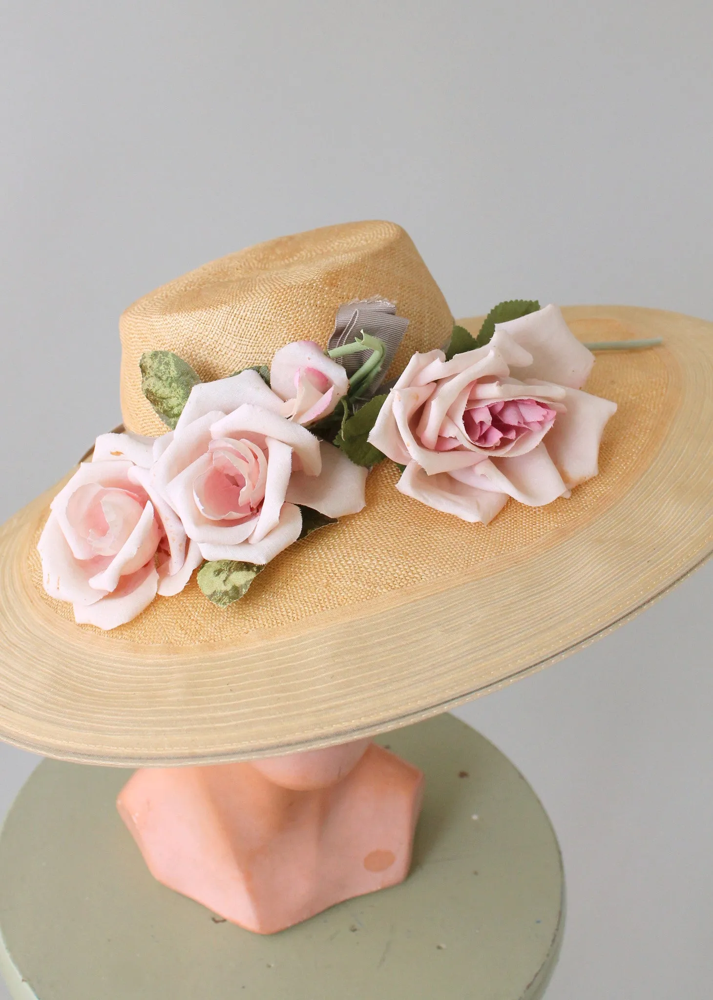 Vintage Early 1940s Pink Roses Wide Brim Hat