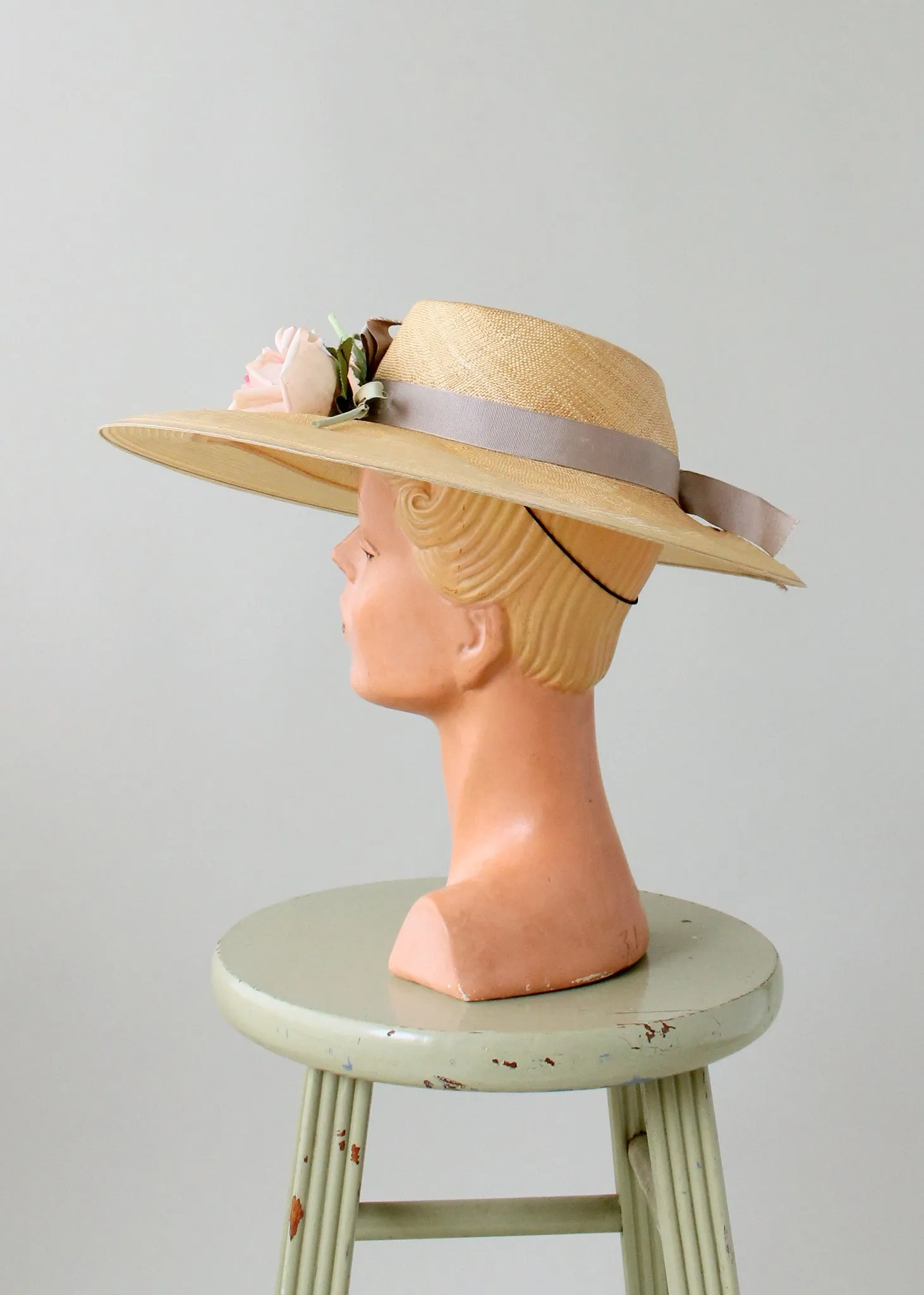 Vintage Early 1940s Pink Roses Wide Brim Hat