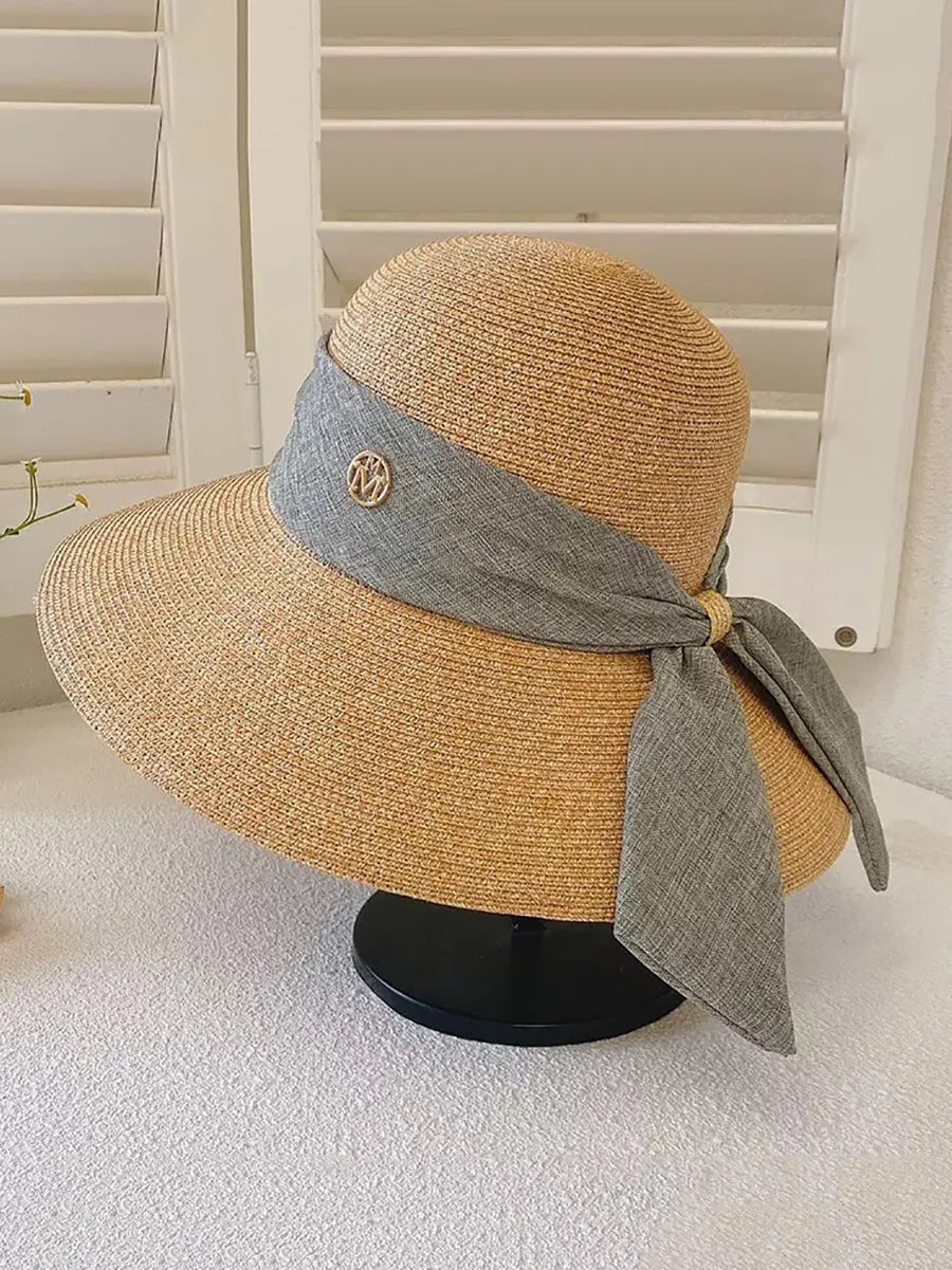Women Summer Straw Colorblock Sunproof Travel Hat IO1025
